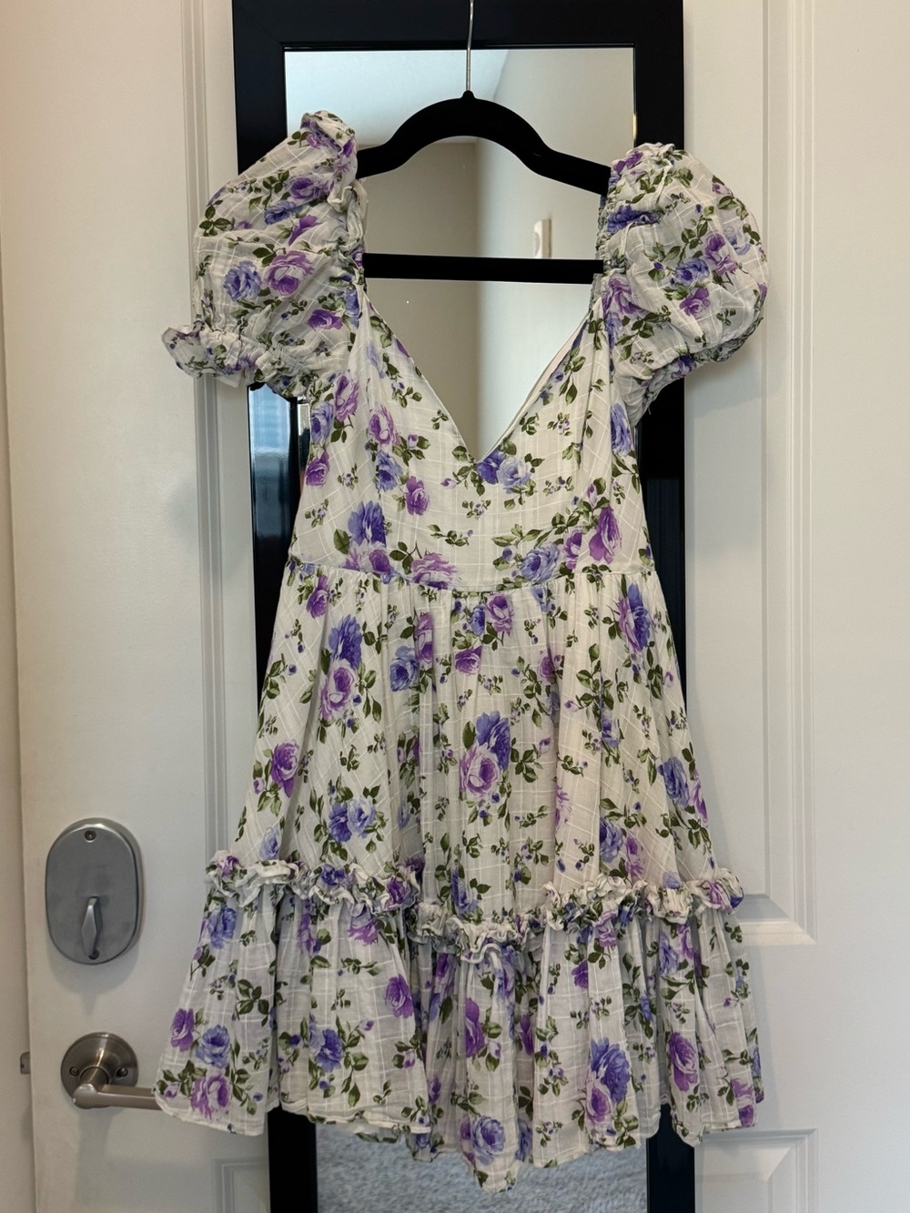 Floral Puff-Sleeve Mini Dress in Lavender